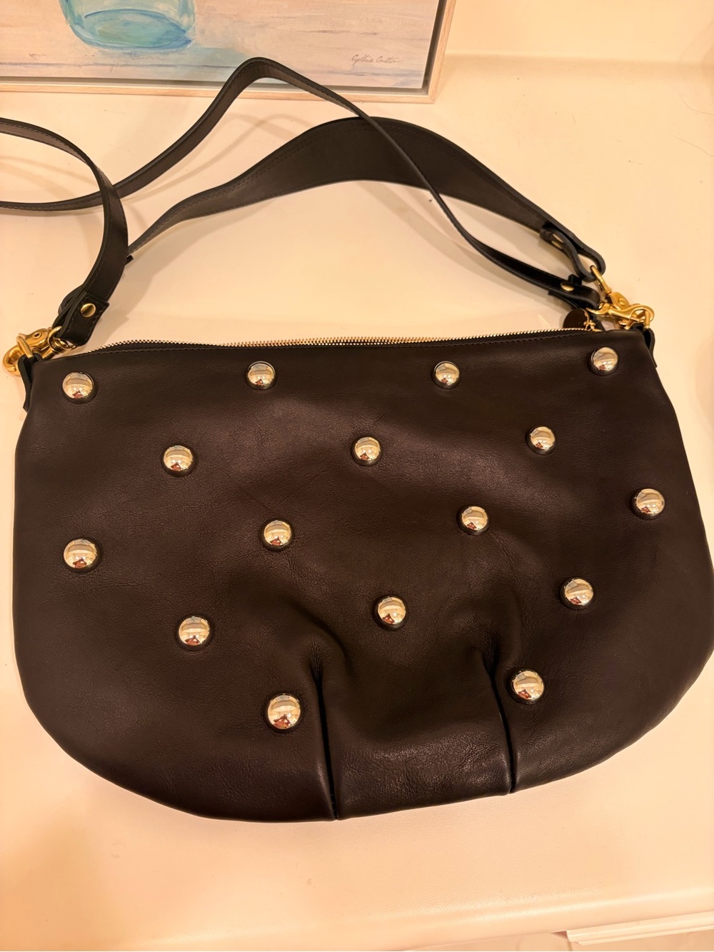 Clare V Moyen Messenger Black Leather Silver Studs NWT 2 Straps